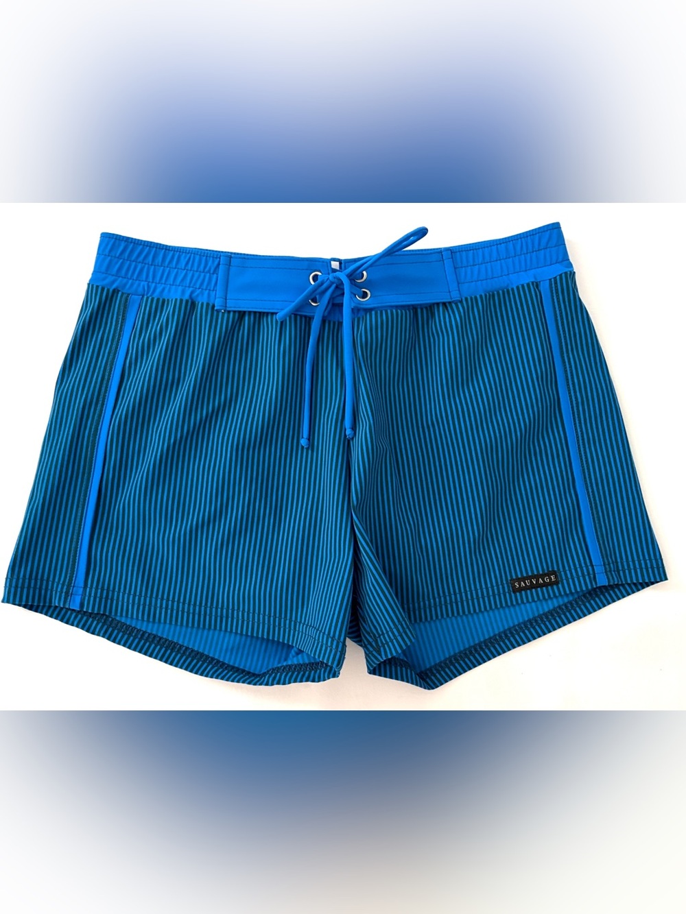 Sauvage Swim Men’s Swim Trunks Blue Black Stripes Lined 3” Lycra size Medium